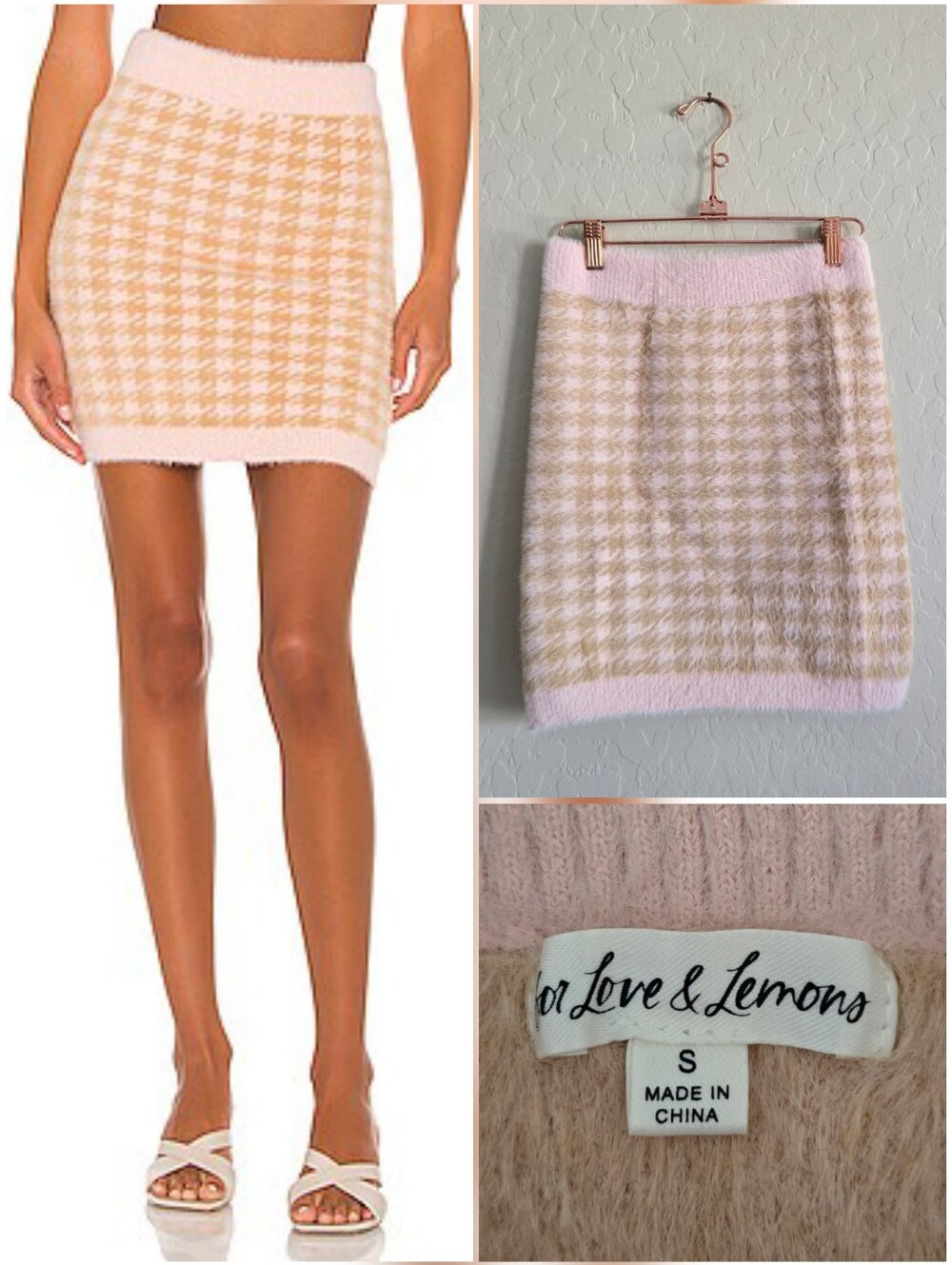 For‎ Love & Lemons Cher Checked Fuzzy Knitted Mini Skirt Size Small Houndstooth